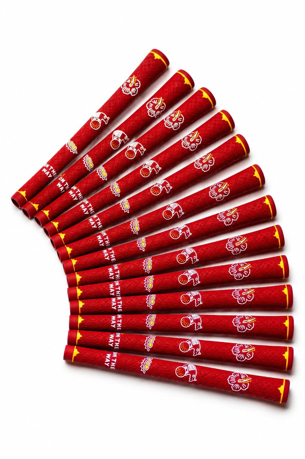 Thirteen red MY.FLAVOURS golf grips