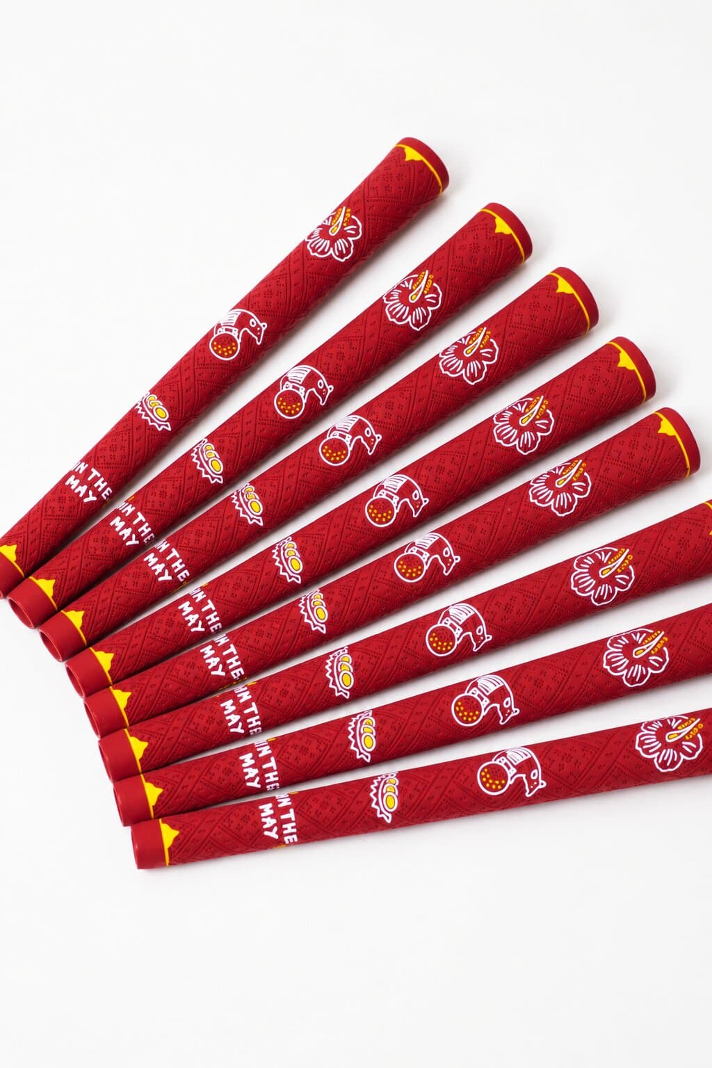 Eight red MY.FLAVOURS golf grips